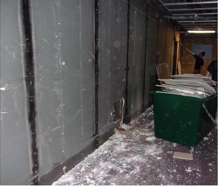 SERVPRO techs in a corridor with mold damage