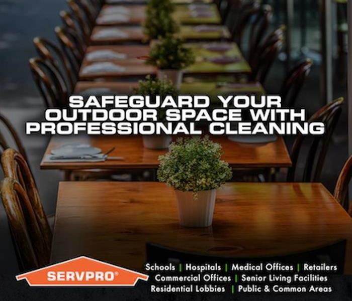 Wood tables lined up with "Safeguard your outdoor space with professional cleaning" written in white