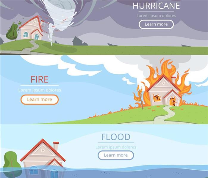 3 panel cartoon showing hurricane, flooding, and a house fire